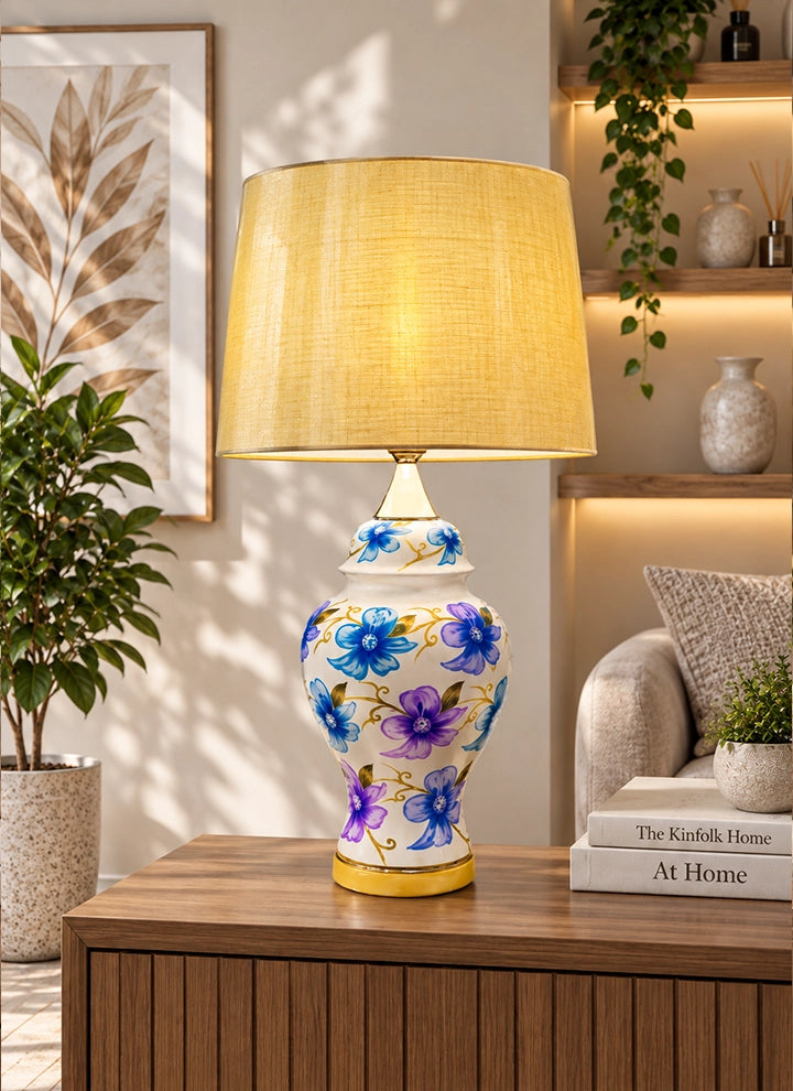 Hand-Painted Floral Ceramic Lamp (Pair)