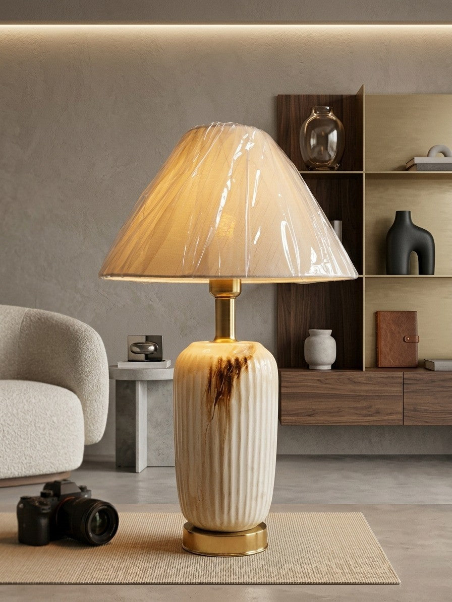 Dimlight Fluted Beige Table Lamp with Marble-Effect Detail and Wrapped Shade - 26” Tall