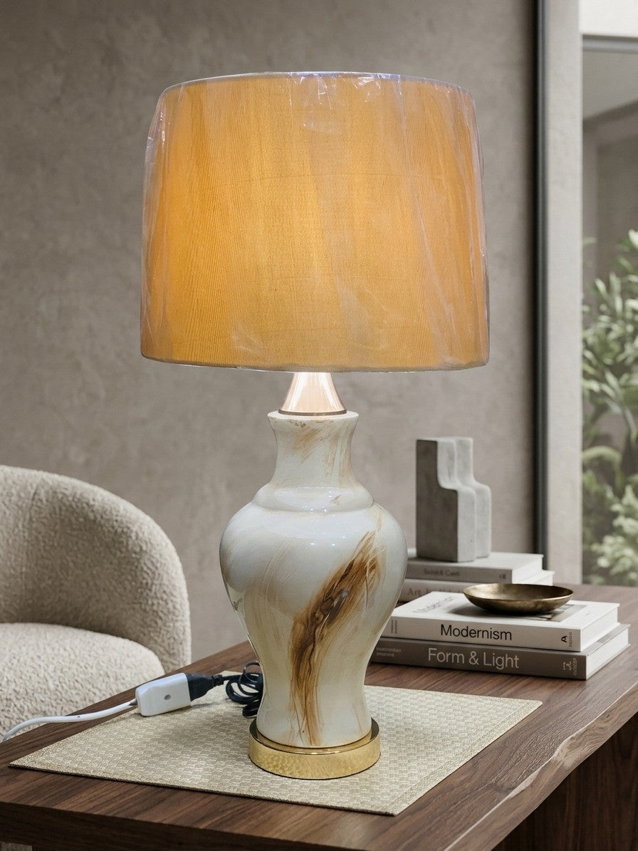 Dimlight Artisan Swirl Ceramic Table Lamp – Cream and Earthy Brown Marble-Look Base with Gold Accent