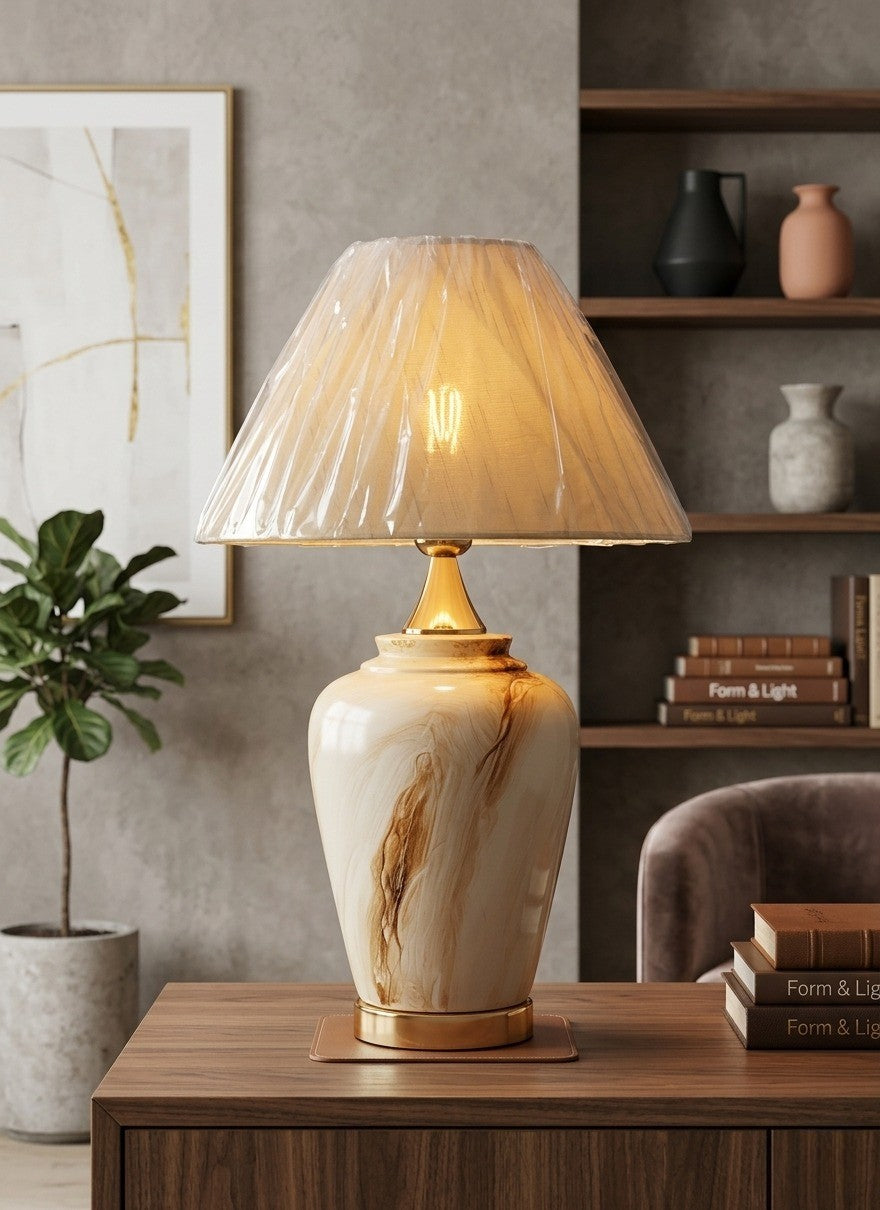 Dimlight Botanical Ceramic Table Lamp – Hand-Painted Floral Green Vase Lamp with Gold Base