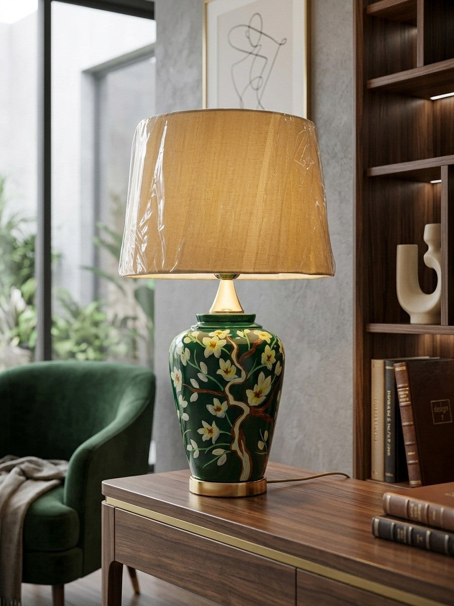 Dimlight Emerald Floral Ceramic Table Lamp | Hand-Painted Botanical Home Decor